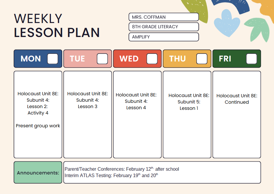 Regular weekly lesson plan